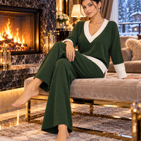 Casual Multicolor Loose Sets V Neck Sweater Solid Wide Legs Long Pants Women Knitwear Thick 2pc Suits Natalia Home Fashion    Natalia Home Fashion