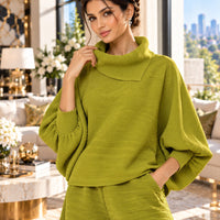 Pleated High Collar Lantern Sleeve Tops Wide Leg Pants Women Spring Causal Two Piece Sets Natalia Home Fashion    Natalia Home Fashion