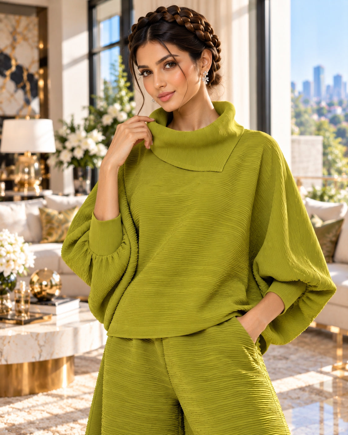 Pleated High Collar Lantern Sleeve Tops Wide Leg Pants Women Spring Causal Two Piece Sets Natalia Home Fashion    Natalia Home Fashion