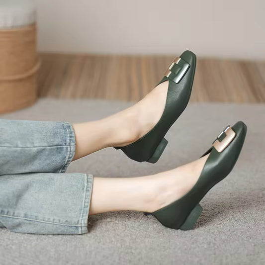 Woman Square Toe Low Heeled Metal Decoration Red Mary Janes Cute Casual Ballerina Female Flats Elegant Soft Soled Flat Shoes