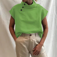 Women Cotton Linen Stand Collar Blouses Cap Sleeves Solid Color Loose Fit Casual Fashion Female Shirts Tops