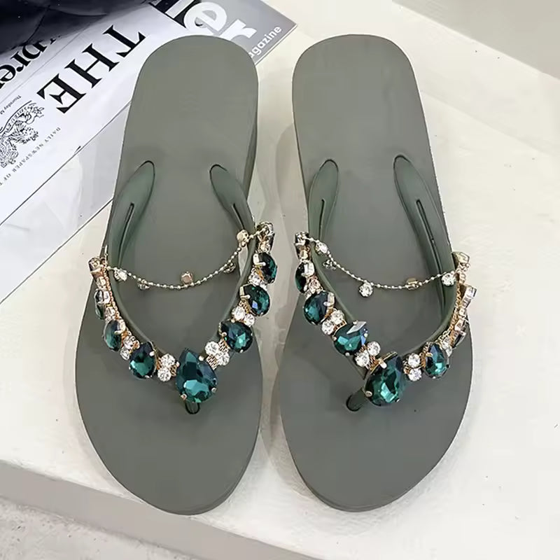 Women Slippers Fashion Summer New Water Diamond Flip Flops Women Outwear Thick Sole Slope Heels Beach Vacation Slippers