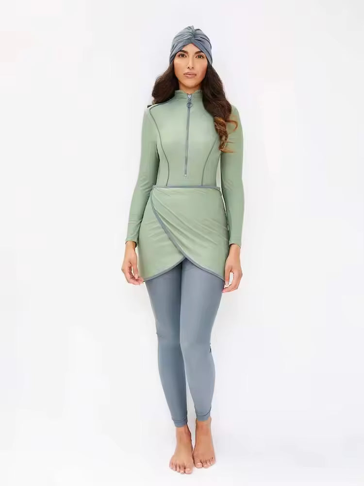 Muslim Swimwear Women Modest Patchwork Hijab Long Sleeves Sport Swimsuit 3pcs Islamic Burkinis Wear Bathing Suit