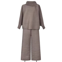 Pleated High Collar Lantern Sleeve Tops Wide Leg Pants Women Spring Causal Two Piece Sets Natalia Home Fashion    Natalia Home Fashion