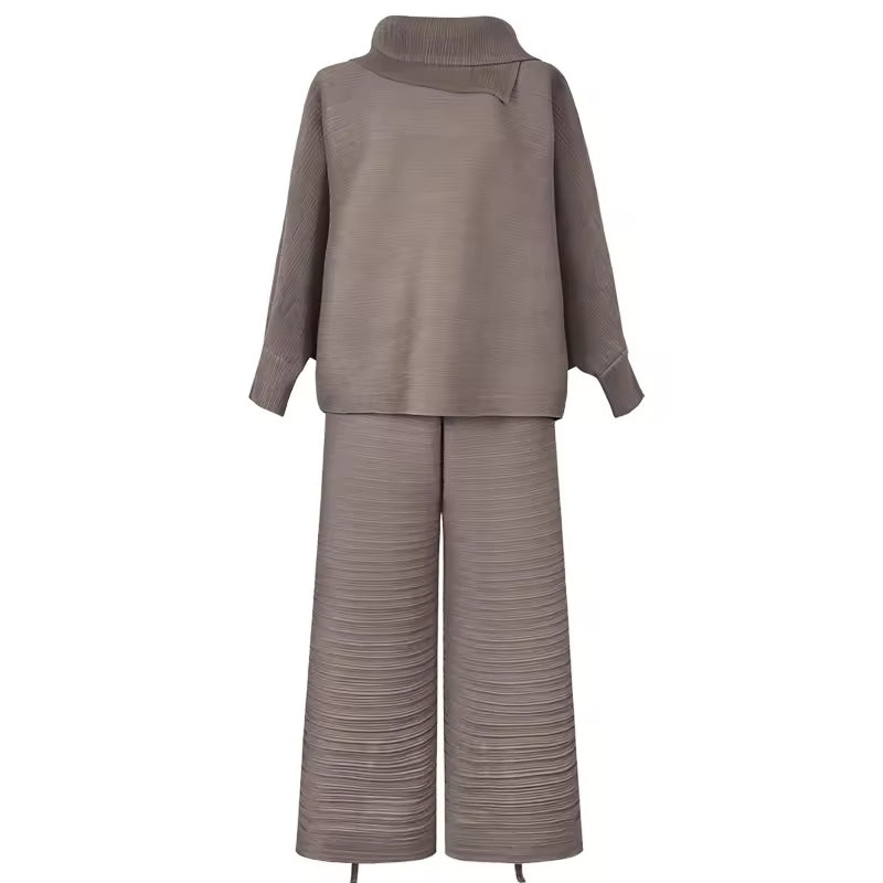 Pleated High Collar Lantern Sleeve Tops Wide Leg Pants Women Spring Causal Two Piece Sets Natalia Home Fashion    Natalia Home Fashion