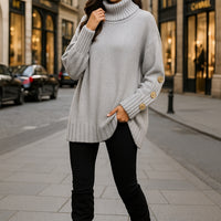 Loose Knitted High Collar Turn-down Collar Sweater for Women Full Sleeve Polyester Fiber Cross-Border Fashion Decorative Button