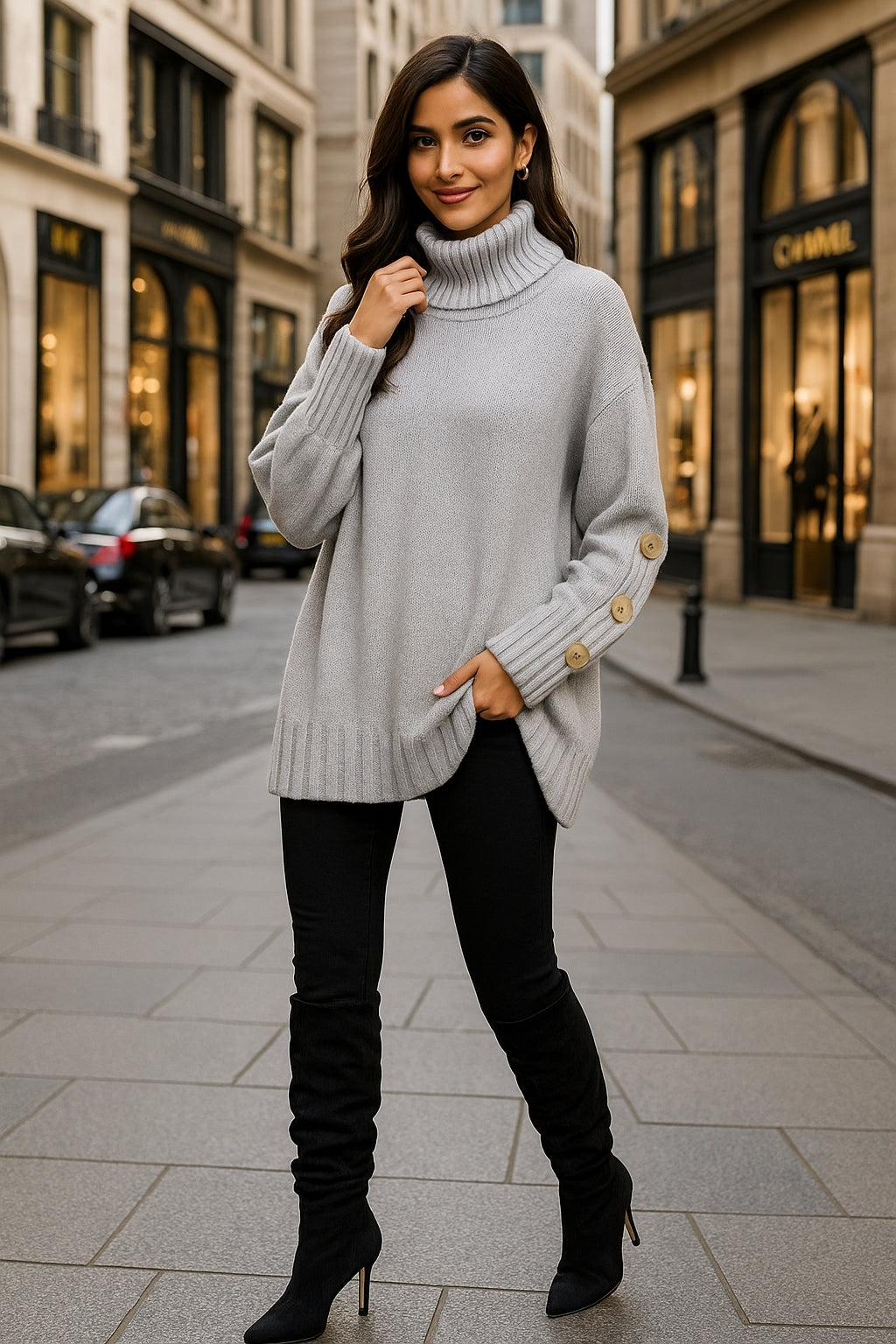 Loose Knitted High Collar Turn-down Collar Sweater for Women Full Sleeve Polyester Fiber Cross-Border Fashion Decorative Button