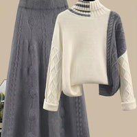 Women's Cable Knit Two Piece Set: High Neck Long Sleeve Sweater & A-Line Midi Skirt, Casual Elegant Pullover Outfit Natalia Home Fashion    Natalia Home Fashion
