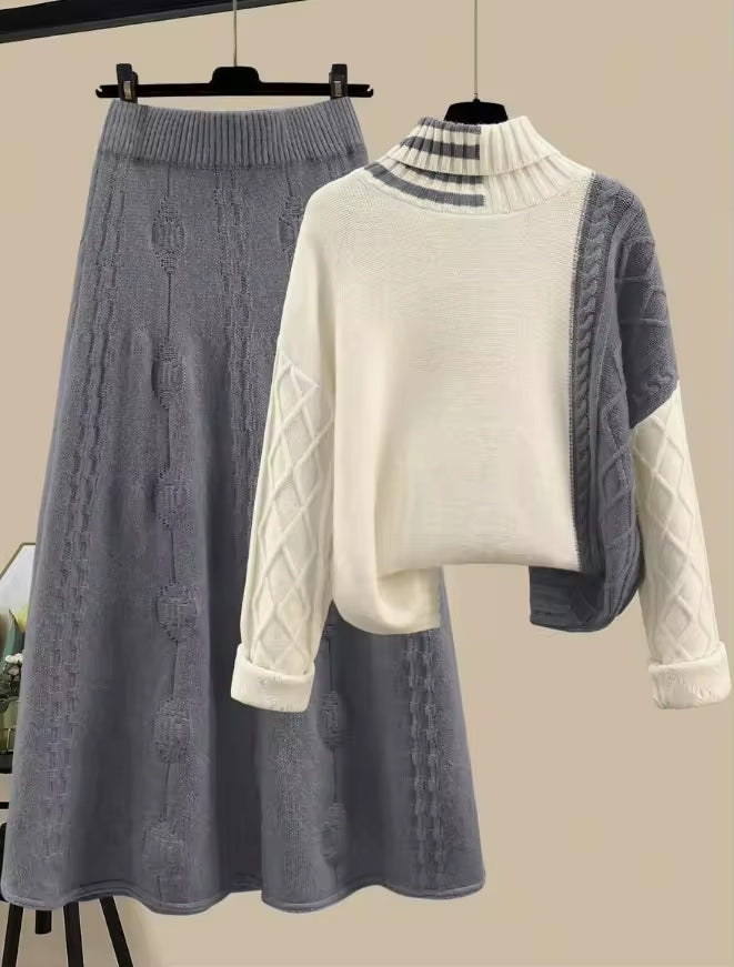 Women's Cable Knit Two Piece Set: High Neck Long Sleeve Sweater & A-Line Midi Skirt, Casual Elegant Pullover Outfit Natalia Home Fashion    Natalia Home Fashion