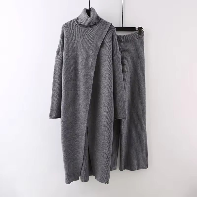 Women Knitted 2 Pieces Set Turtleneck Long Pullovers Sweaters & Wide Leg Pants Thicken Warm Sweater Sets Natalia Home Fashion    Natalia Home Fashion