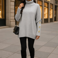Loose Knitted High Collar Turn-down Collar Sweater for Women Full Sleeve Polyester Fiber Cross-Border Fashion Decorative Button