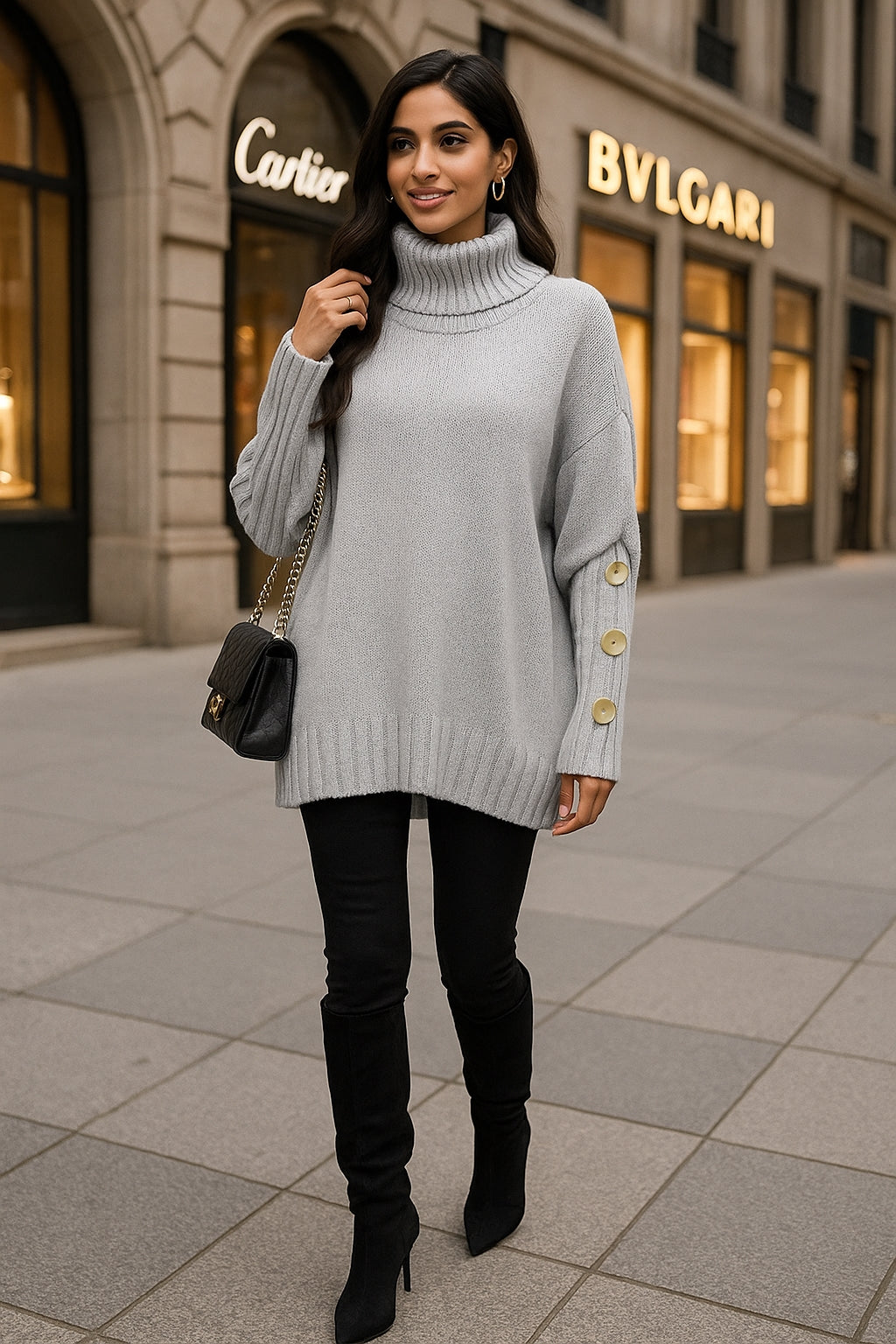 Loose Knitted High Collar Turn-down Collar Sweater for Women Full Sleeve Polyester Fiber Cross-Border Fashion Decorative Button