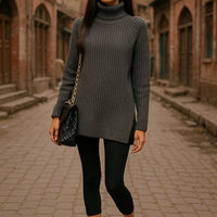 Turtlenecks Women Pullovers Mid-Long Casual Knit Sweater Fad Raglan Sleeves Side Slit Sweater New Skirt-style Jumper