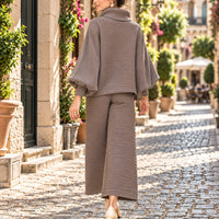 Pleated High Collar Lantern Sleeve Tops Wide Leg Pants Women Spring Causal Two Piece Sets Natalia Home Fashion    Natalia Home Fashion