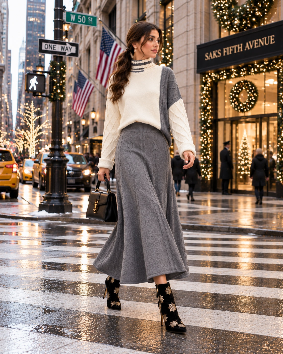 Women's Cable Knit Two Piece Set: High Neck Long Sleeve Sweater & A-Line Midi Skirt, Casual Elegant Pullover Outfit Natalia Home Fashion    Natalia Home Fashion