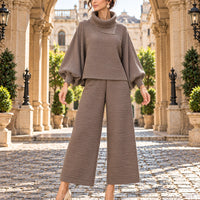 Pleated High Collar Lantern Sleeve Tops Wide Leg Pants Women Spring Causal Two Piece Sets Natalia Home Fashion    Natalia Home Fashion