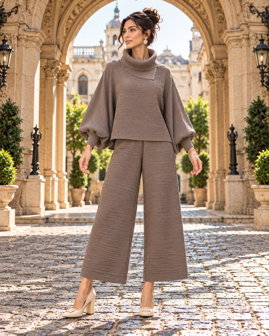 Pleated High Collar Lantern Sleeve Tops Wide Leg Pants Women Spring Causal Two Piece Sets Natalia Home Fashion    Natalia Home Fashion