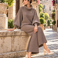 Pleated High Collar Lantern Sleeve Tops Wide Leg Pants Women Spring Causal Two Piece Sets Natalia Home Fashion    Natalia Home Fashion