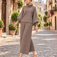 Pleated High Collar Lantern Sleeve Tops Wide Leg Pants Women Spring Causal Two Piece Sets Natalia Home Fashion    Natalia Home Fashion
