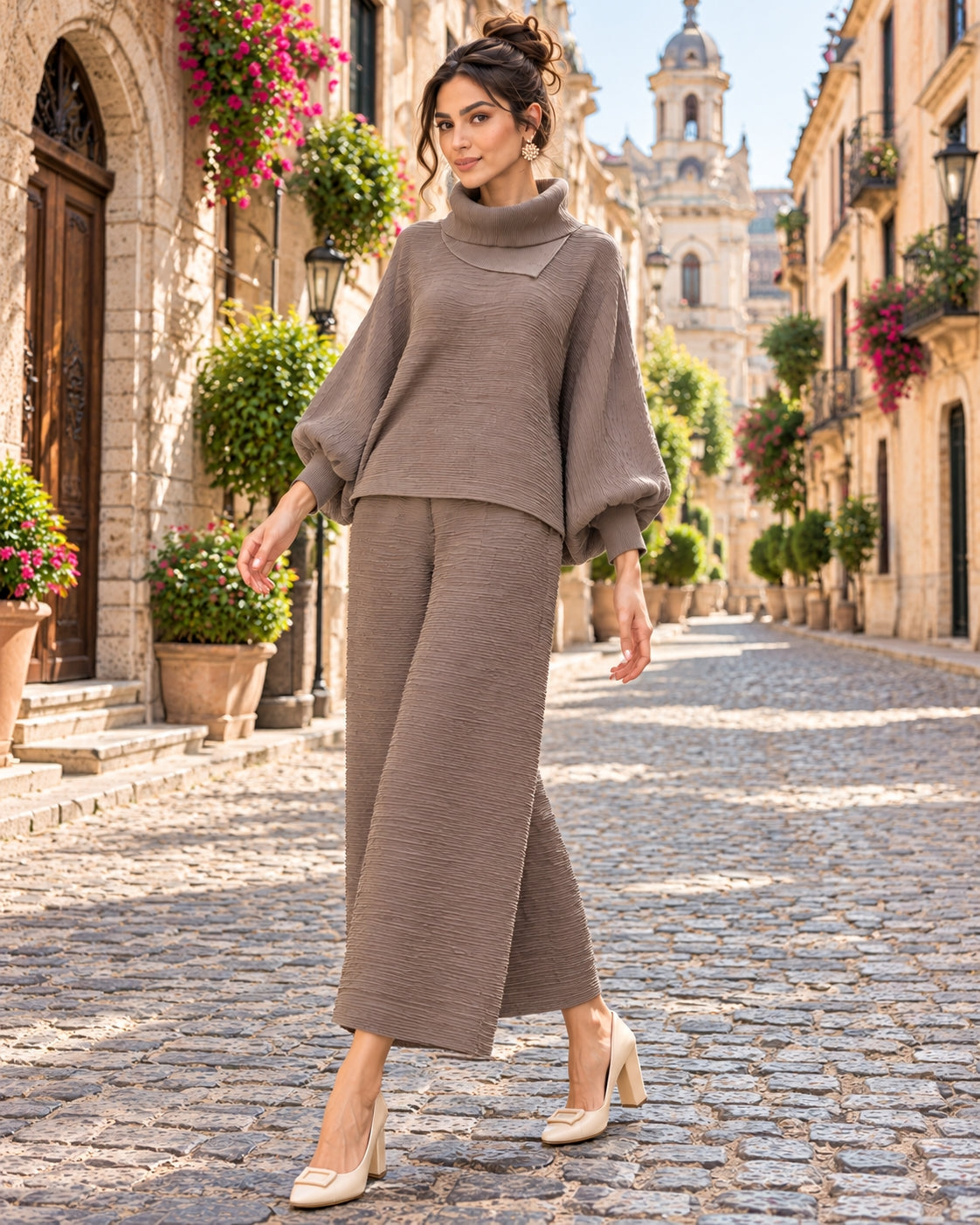 Pleated High Collar Lantern Sleeve Tops Wide Leg Pants Women Spring Causal Two Piece Sets Natalia Home Fashion    Natalia Home Fashion