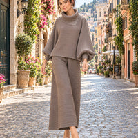 Pleated High Collar Lantern Sleeve Tops Wide Leg Pants Women Spring Causal Two Piece Sets Natalia Home Fashion    Natalia Home Fashion
