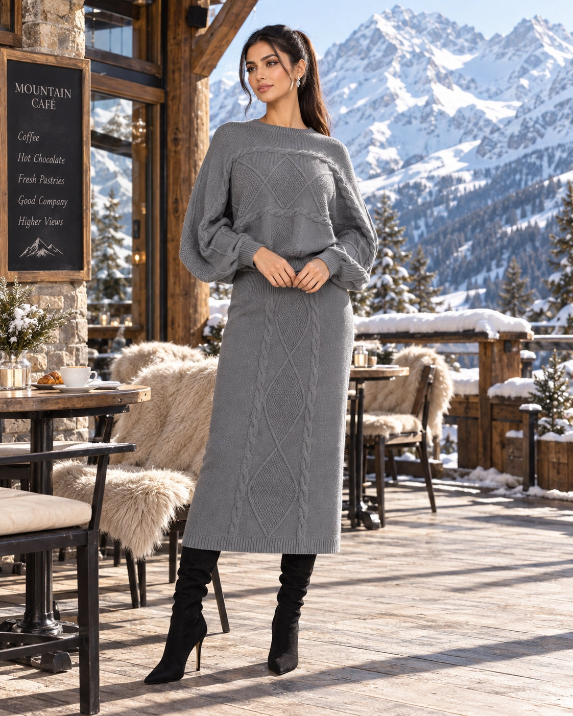 Women's clothing 2-piece set, fashionable twist rope long skirt + crew neck sweater two-piece set Natalia Home Fashion    Natalia Home Fashion