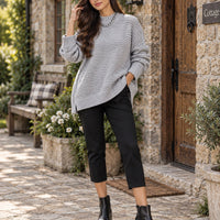 Solid Color Simple Semi-high Collar Long-sleeved Split Pullover Sweater Women's Loose Casual Knitted Sweater Natalia Home Fashion    Natalia Home Fashion