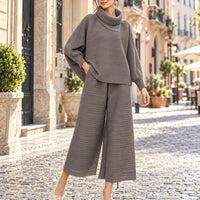 Pleated High Collar Lantern Sleeve Tops Wide Leg Pants Women Spring Causal Two Piece Sets Natalia Home Fashion    Natalia Home Fashion