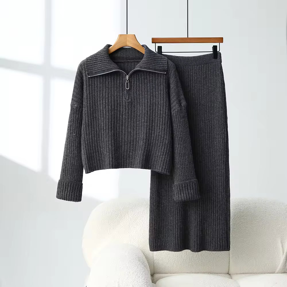 Loose Knitted Sweater Set Casual Fashion Artistic Vintage Style Half-Zip Collared Knitwear Two-Piece Set Natalia Home Fashion    Natalia Home Fashion