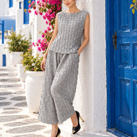 Handmade Pleated Set Women Summer New Sleeveless Vest Top Flared Pants Comfortable Casual Loose Large Size with Stretchy Natalia Home Fashion    Natalia Home Fashion