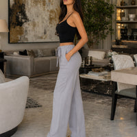 Women Cotton Linen Pants Solid Color Elastic Loose Drawstring Wide-Leg High Waist Trousers Female Stretch Straight Casual Pants