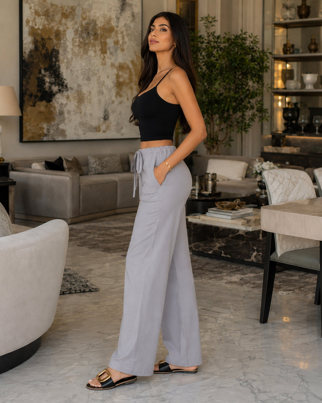 Women Cotton Linen Pants Solid Color Elastic Loose Drawstring Wide-Leg High Waist Trousers Female Stretch Straight Casual Pants
