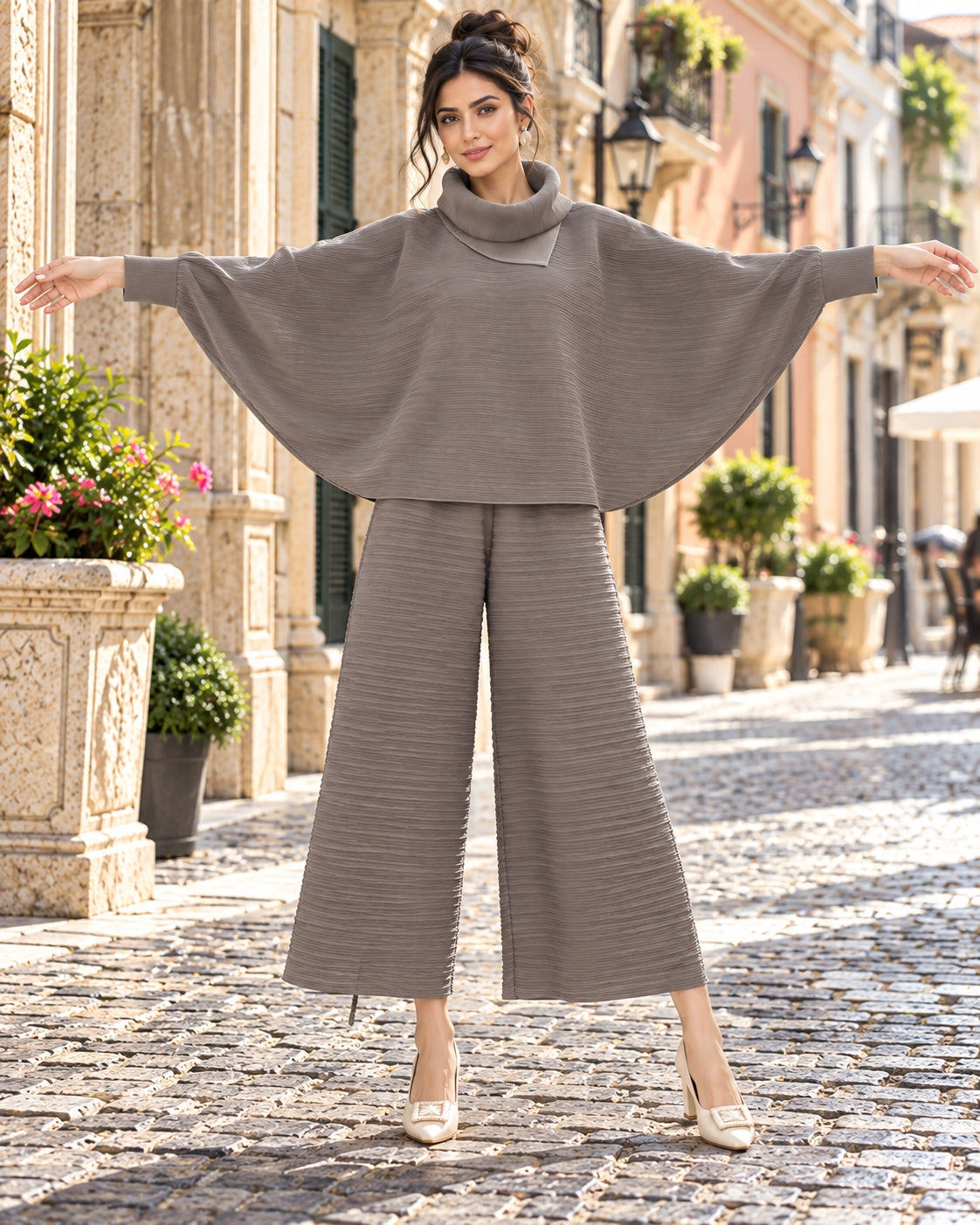 Pleated High Collar Lantern Sleeve Tops Wide Leg Pants Women Spring Causal Two Piece Sets Natalia Home Fashion    Natalia Home Fashion