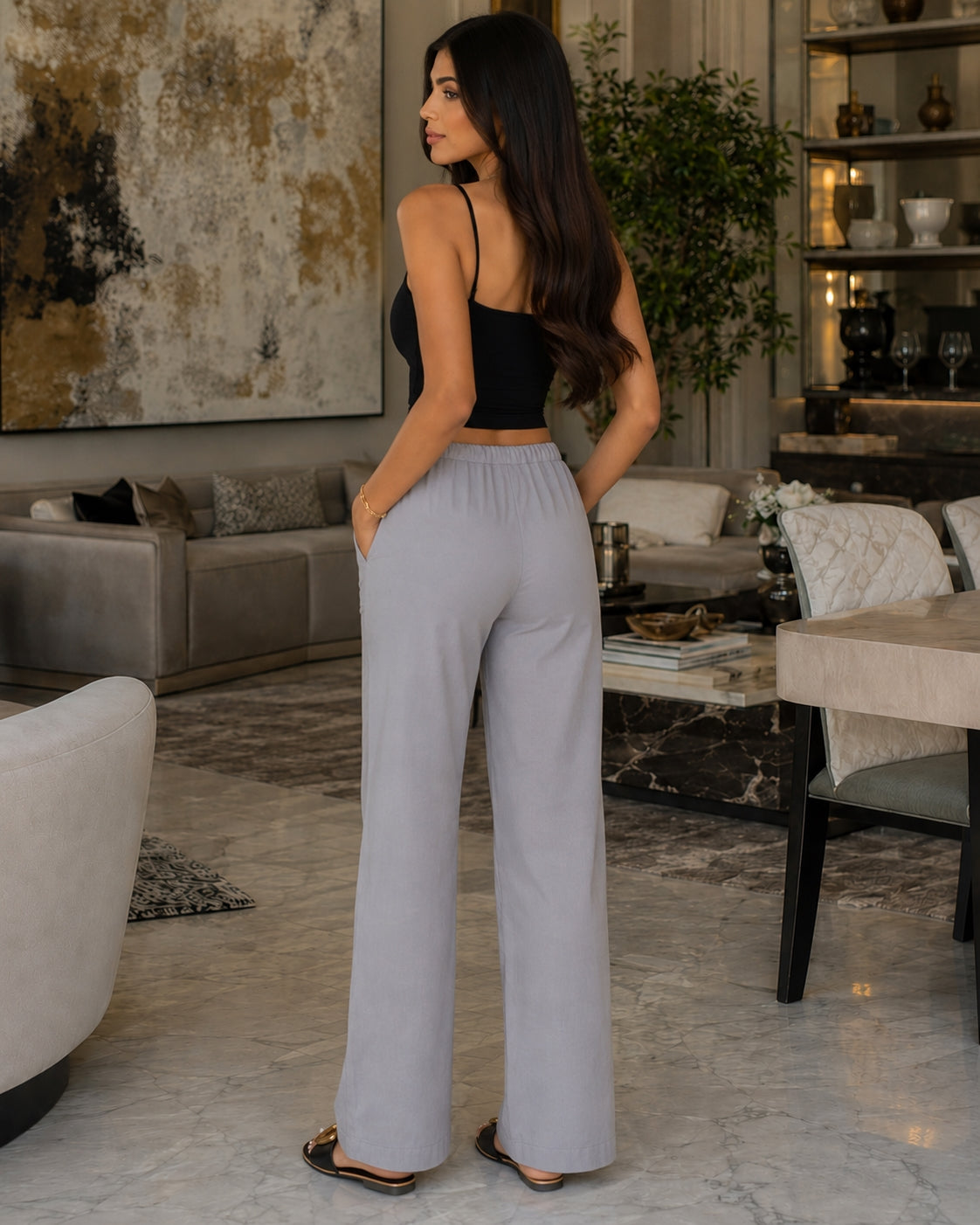 Women Cotton Linen Pants Solid Color Elastic Loose Drawstring Wide-Leg High Waist Trousers Female Stretch Straight Casual Pants