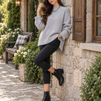 Solid Color Simple Semi-high Collar Long-sleeved Split Pullover Sweater Women's Loose Casual Knitted Sweater Natalia Home Fashion    Natalia Home Fashion