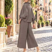 Pleated High Collar Lantern Sleeve Tops Wide Leg Pants Women Spring Causal Two Piece Sets Natalia Home Fashion    Natalia Home Fashion