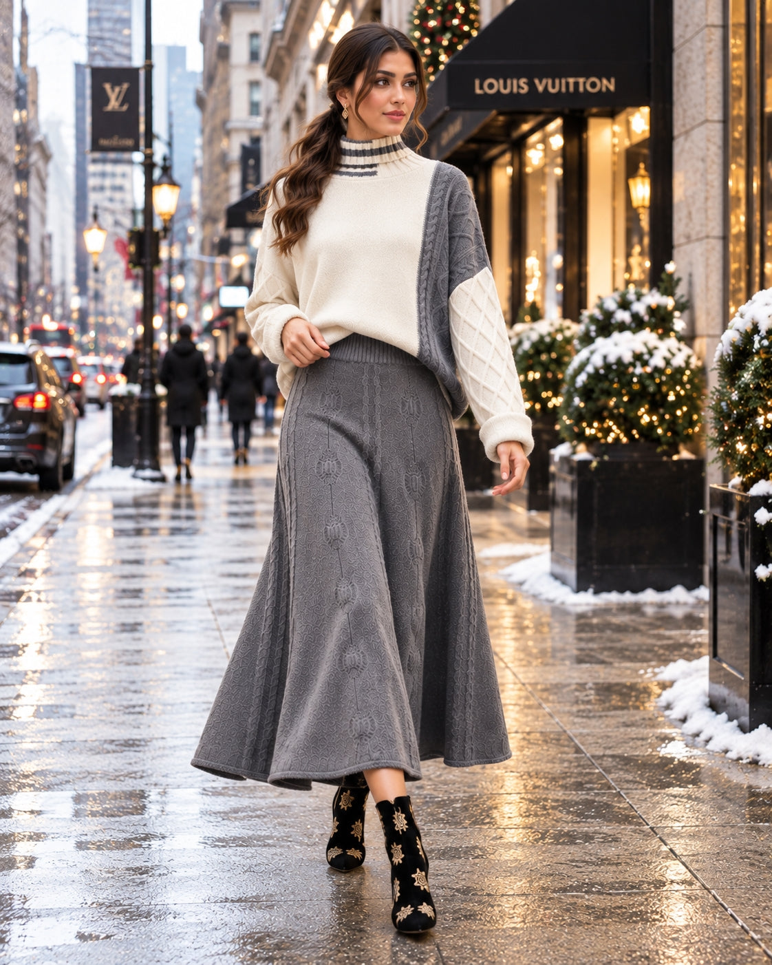 Women's Cable Knit Two Piece Set: High Neck Long Sleeve Sweater & A-Line Midi Skirt, Casual Elegant Pullover Outfit Natalia Home Fashion    Natalia Home Fashion