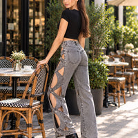 Women Vintage Cutout Hollow Out Criss Cross Straight Denim Fashion  High Waist Wide Leg Jeans Trousers Natalia Home Fashion    Natalia Home Fashion