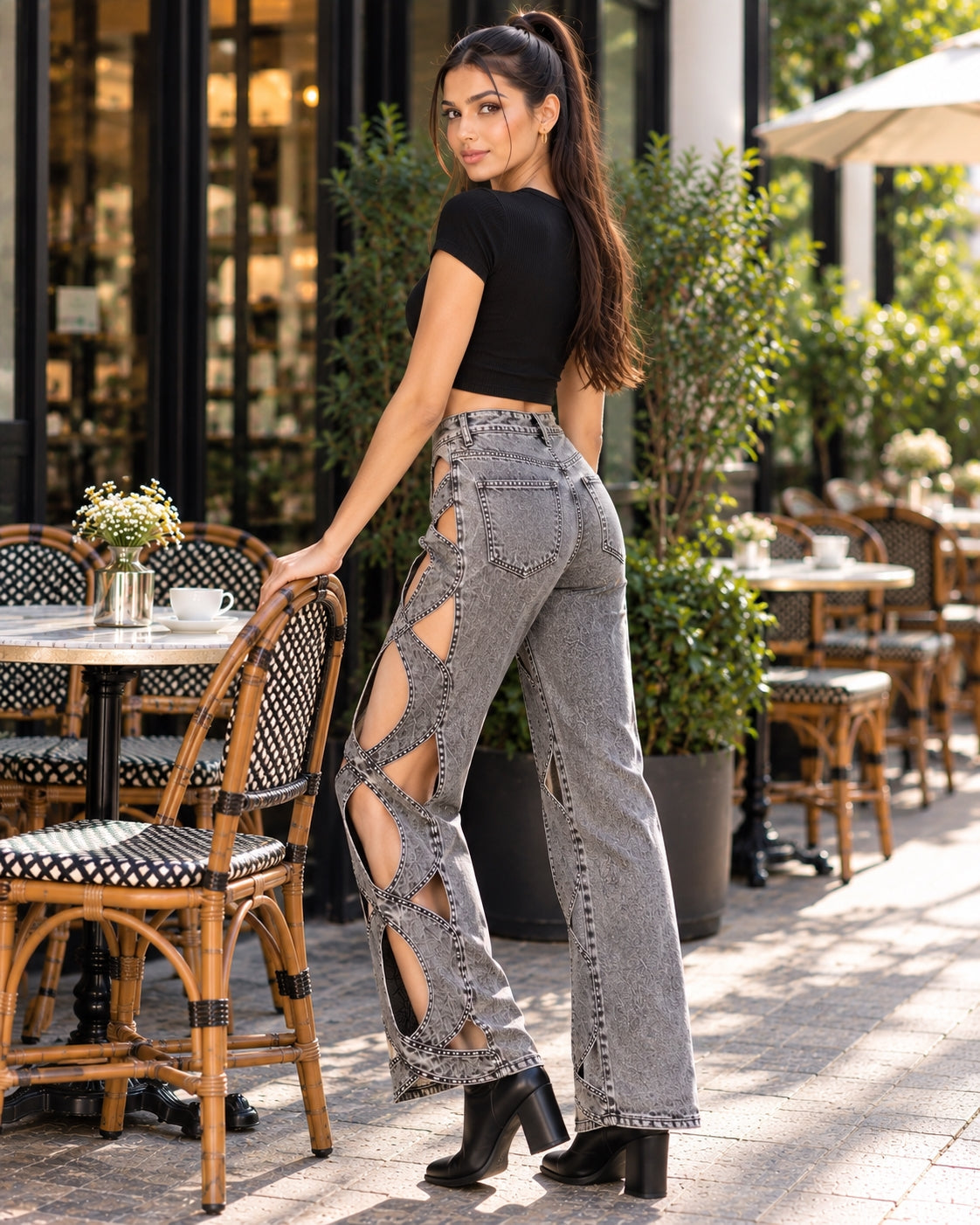 Women Vintage Cutout Hollow Out Criss Cross Straight Denim Fashion  High Waist Wide Leg Jeans Trousers Natalia Home Fashion    Natalia Home Fashion