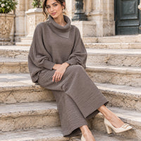 Pleated High Collar Lantern Sleeve Tops Wide Leg Pants Women Spring Causal Two Piece Sets Natalia Home Fashion    Natalia Home Fashion
