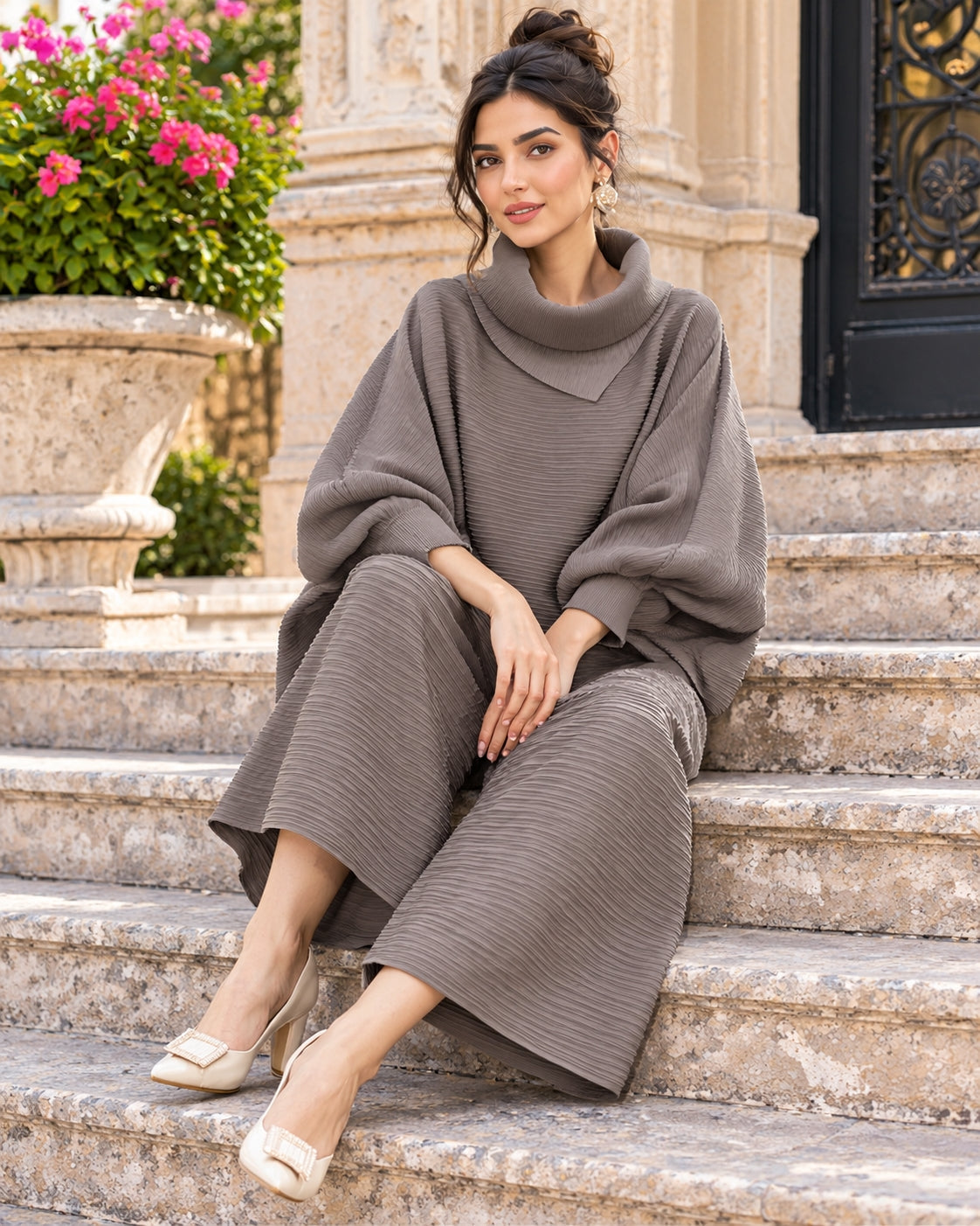Pleated High Collar Lantern Sleeve Tops Wide Leg Pants Women Spring Causal Two Piece Sets Natalia Home Fashion    Natalia Home Fashion