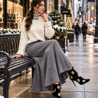 Women's Cable Knit Two Piece Set: High Neck Long Sleeve Sweater & A-Line Midi Skirt, Casual Elegant Pullover Outfit Natalia Home Fashion    Natalia Home Fashion
