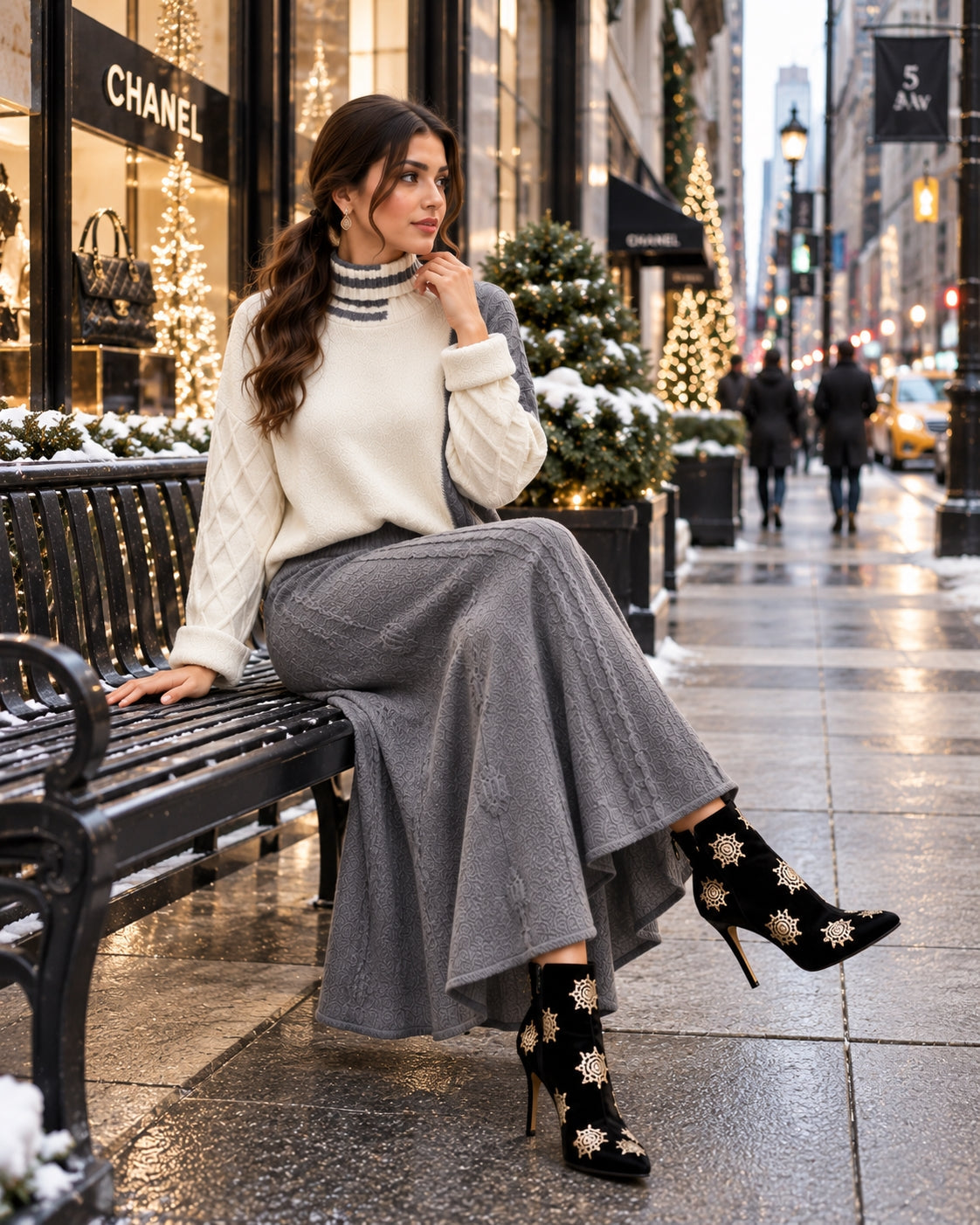 Women's Cable Knit Two Piece Set: High Neck Long Sleeve Sweater & A-Line Midi Skirt, Casual Elegant Pullover Outfit Natalia Home Fashion    Natalia Home Fashion