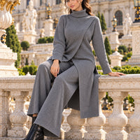 Women Knitted 2 Pieces Set Turtleneck Long Pullovers Sweaters & Wide Leg Pants Thicken Warm Sweater Sets Natalia Home Fashion    Natalia Home Fashion