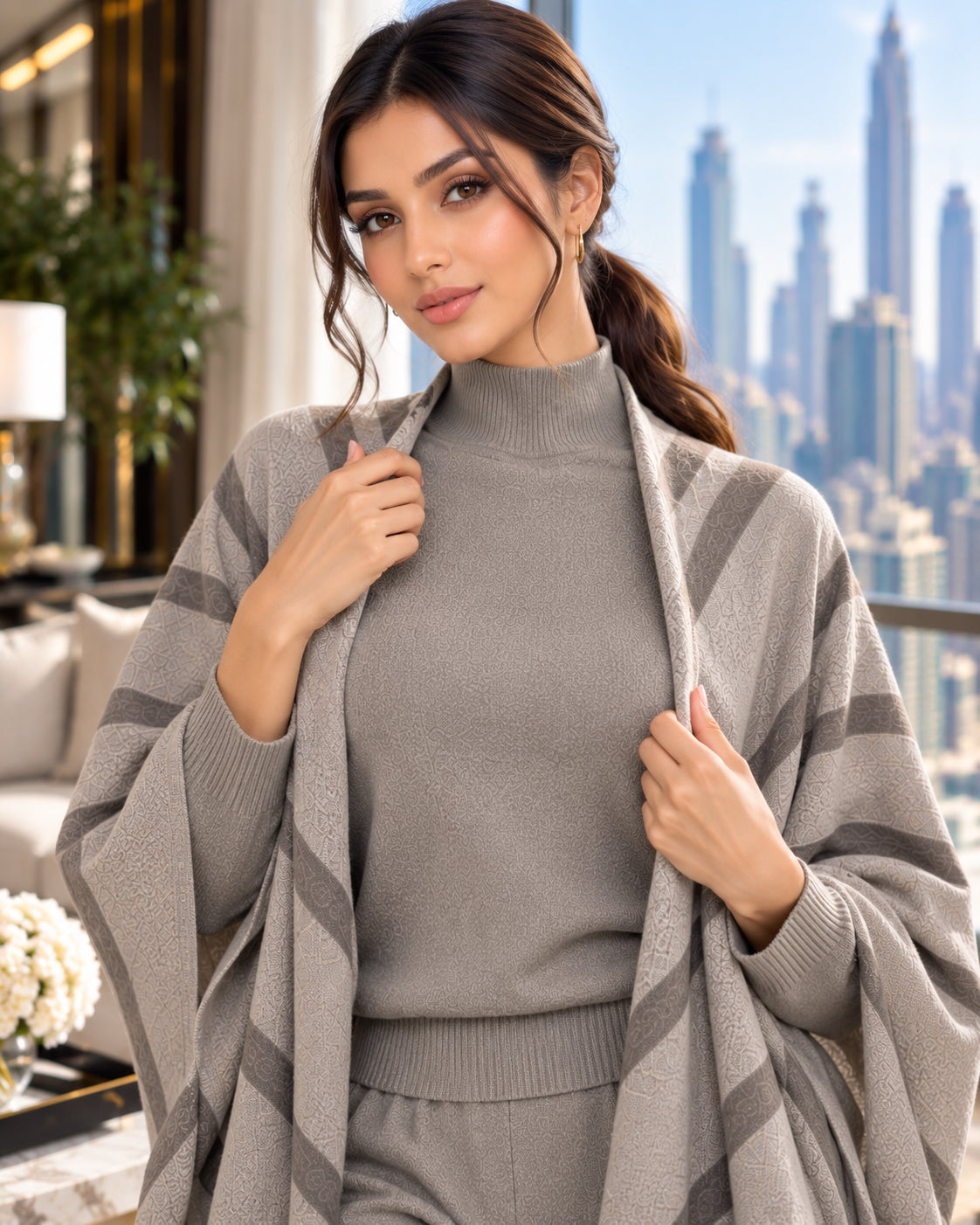 Casual Suit Women's Temperament Lazy Wind Knitted Sweater Shawl Cape Wide-leg Pants Three-piece Set Natalia Home Fashion    Natalia Home Fashion