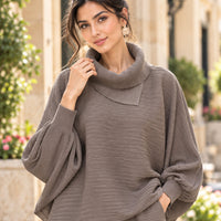 Pleated High Collar Lantern Sleeve Tops Wide Leg Pants Women Spring Causal Two Piece Sets Natalia Home Fashion    Natalia Home Fashion
