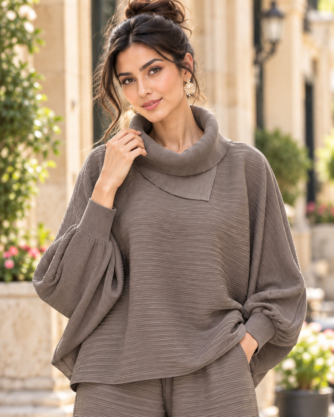 Pleated High Collar Lantern Sleeve Tops Wide Leg Pants Women Spring Causal Two Piece Sets Natalia Home Fashion    Natalia Home Fashion