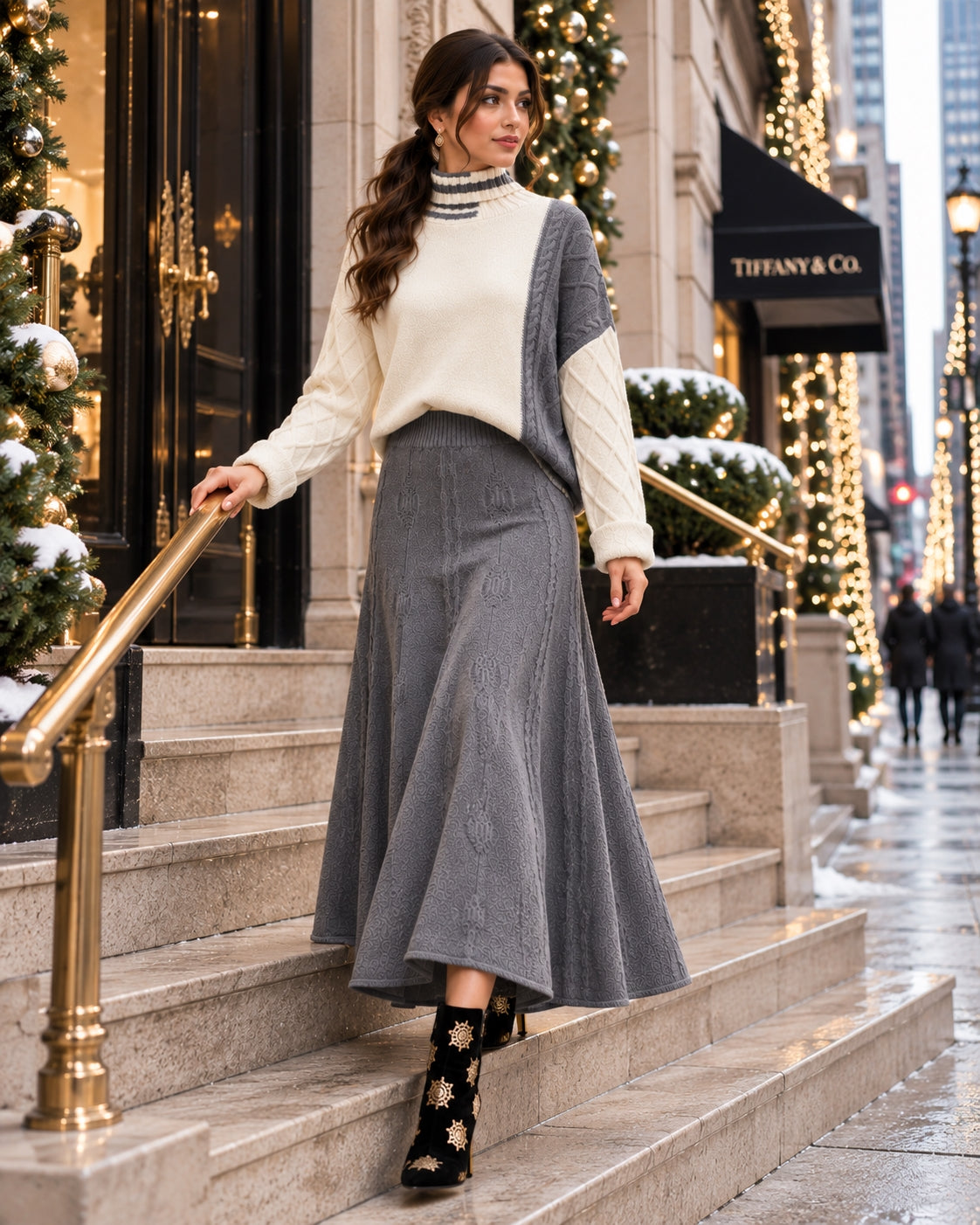 Women's Cable Knit Two Piece Set: High Neck Long Sleeve Sweater & A-Line Midi Skirt, Casual Elegant Pullover Outfit Natalia Home Fashion    Natalia Home Fashion
