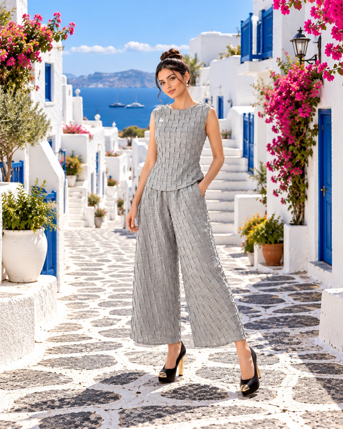 Handmade Pleated Set Women Summer New Sleeveless Vest Top Flared Pants Comfortable Casual Loose Large Size with Stretchy Natalia Home Fashion    Natalia Home Fashion