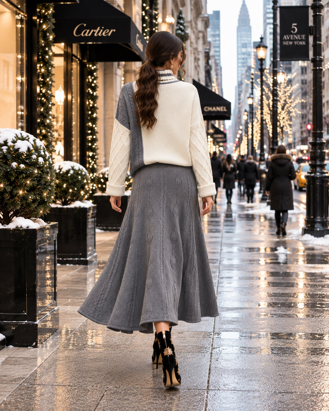 Women's Cable Knit Two Piece Set: High Neck Long Sleeve Sweater & A-Line Midi Skirt, Casual Elegant Pullover Outfit Natalia Home Fashion    Natalia Home Fashion